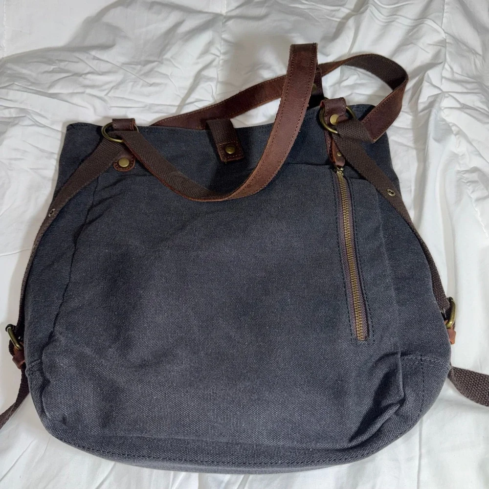 Hanalilly Canvas Leather Convertible Backpack Tote Bag Gray Brown Vintage Style